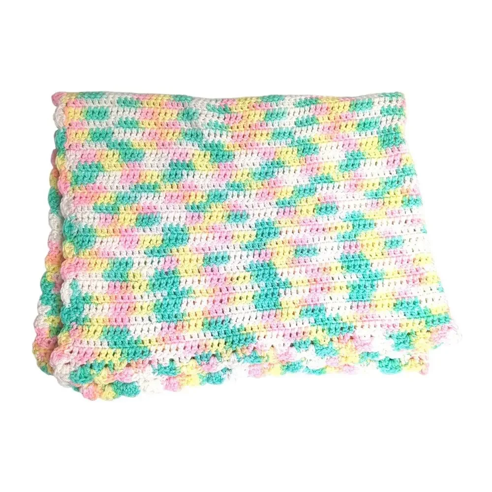 Hand-Crochet Pink, White, Yellow, Green, rectangle Baby Blanket Afghan 31
